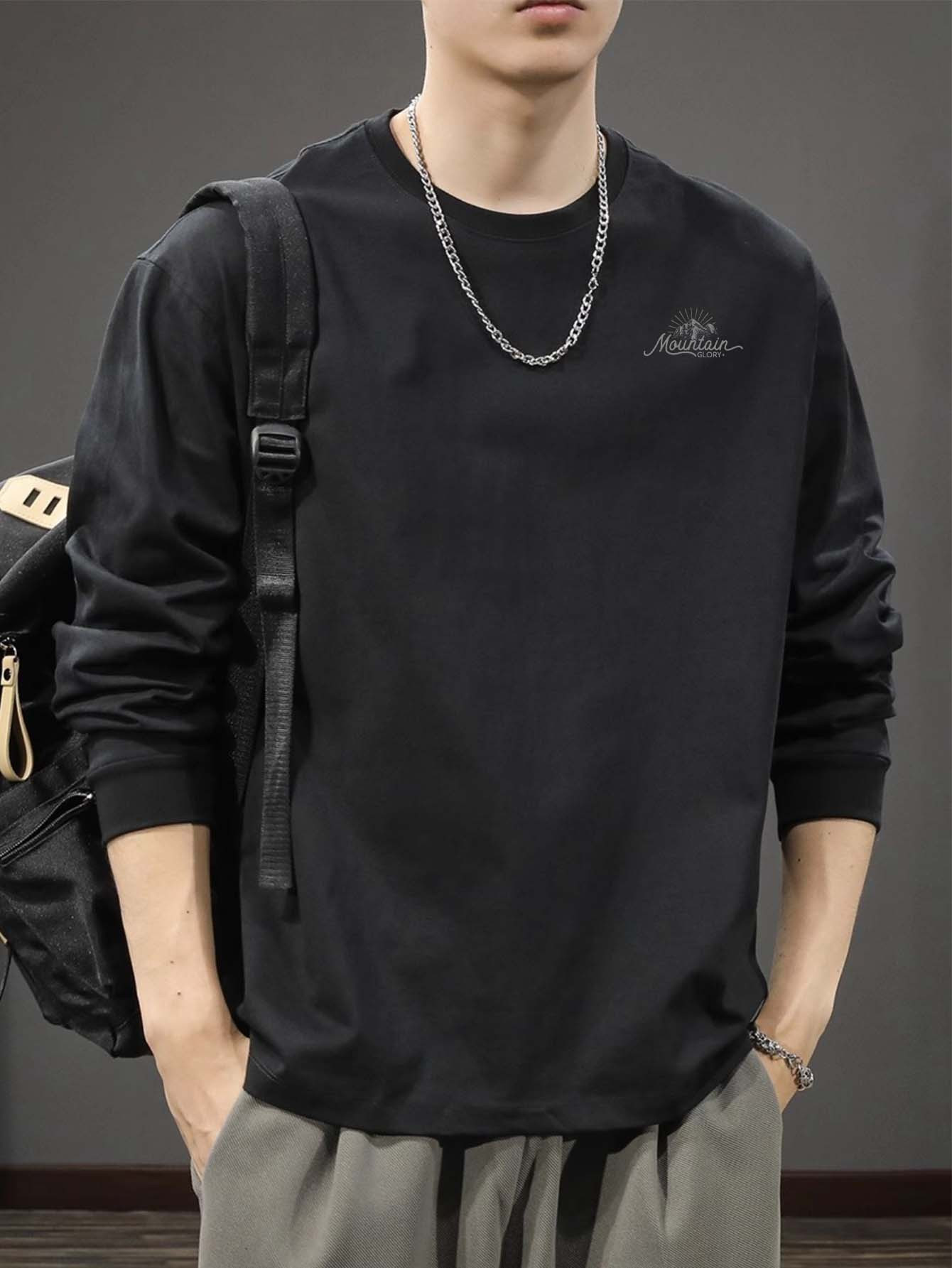 Undershirt Crew Neck - เสื้อยืดคอกลมแขนยาวผู้ชายผ้าฝ้าย 100% ทรงหลวม ไซส์ใหญ่ สไตล์สตรีทแวร์ เสื้อสเวตเชิ้ตสำหรับฤดูใบไม้ร่วงและฤดูใบไม้ผลิ
