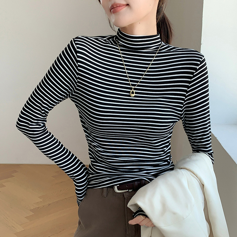 Base Layer Top - เสื้อยืดคอเต่าลายทางคลาสสิกสำหรับผู้หญิง ทรงเข้ารูป แขนยาว เสื้อตัวในที่จำเป็น สวมใส่สบาย ใช้งานได้หลากหลาย